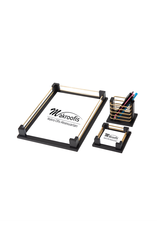   Eko500 Deri Evrak Raf Notluk Kalemlik Seti Siyah Gold Aksesuar