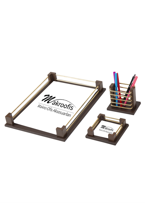   Eko500 Deri Evrak Raf Notluk Kalemlik Seti Kahve Gold Aksesuar