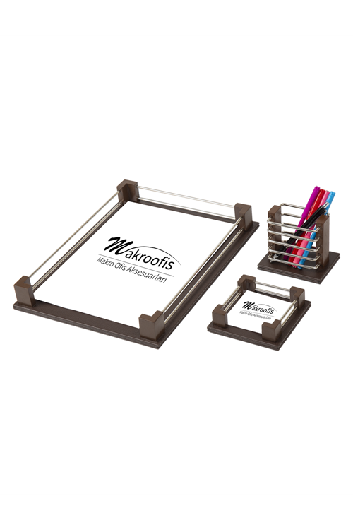   Eko500 Deri Evrak Raf Notluk Kalemlik Seti Kahve Gümüş Aksesuar