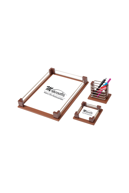 Eko500 Deri Evrak Raf Notluk Kalemlik Seti Taba Gümüş Aksesuar